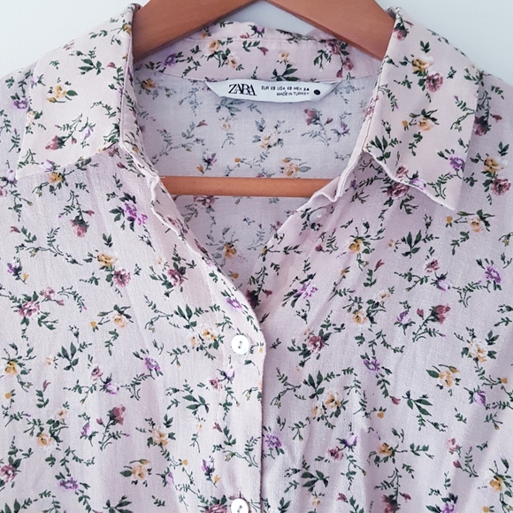 ZARA Pink Floral Collar Neck Cotton + Linen Front Button Peplum Shirt - Picture 2 of 11